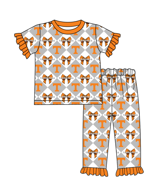 Custom moq 5 mix size orange Plaid Baby Pajama Set Short-Sleeved Top And Trousers Comfortable Sleepwear for Baby Girls Clothing Team Set