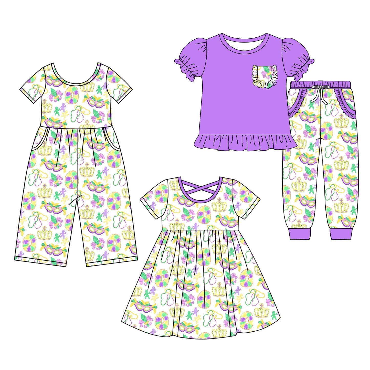 25.9.16 custom each style moq 8 eta 6-8week Sibling Sisters mardi gras purple baby girl short sleeve shorts sets and dress and jumpsuit match family design
