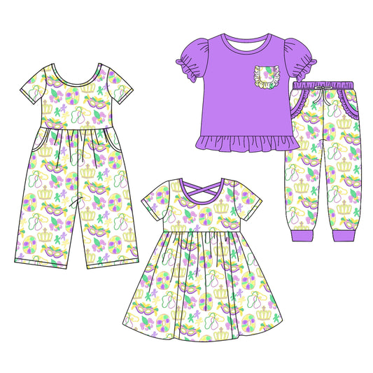 25.9.16 custom each style moq 8 eta 6-8week Sibling Sisters mardi gras purple baby girl short sleeve shorts sets and dress and jumpsuit match family design