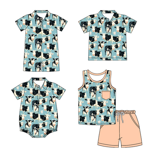 3.14 custom each style moq 5eta 4-6week Sibling Sister cow baby boy sets and boy rompers 1 and romper 2 and top match family design