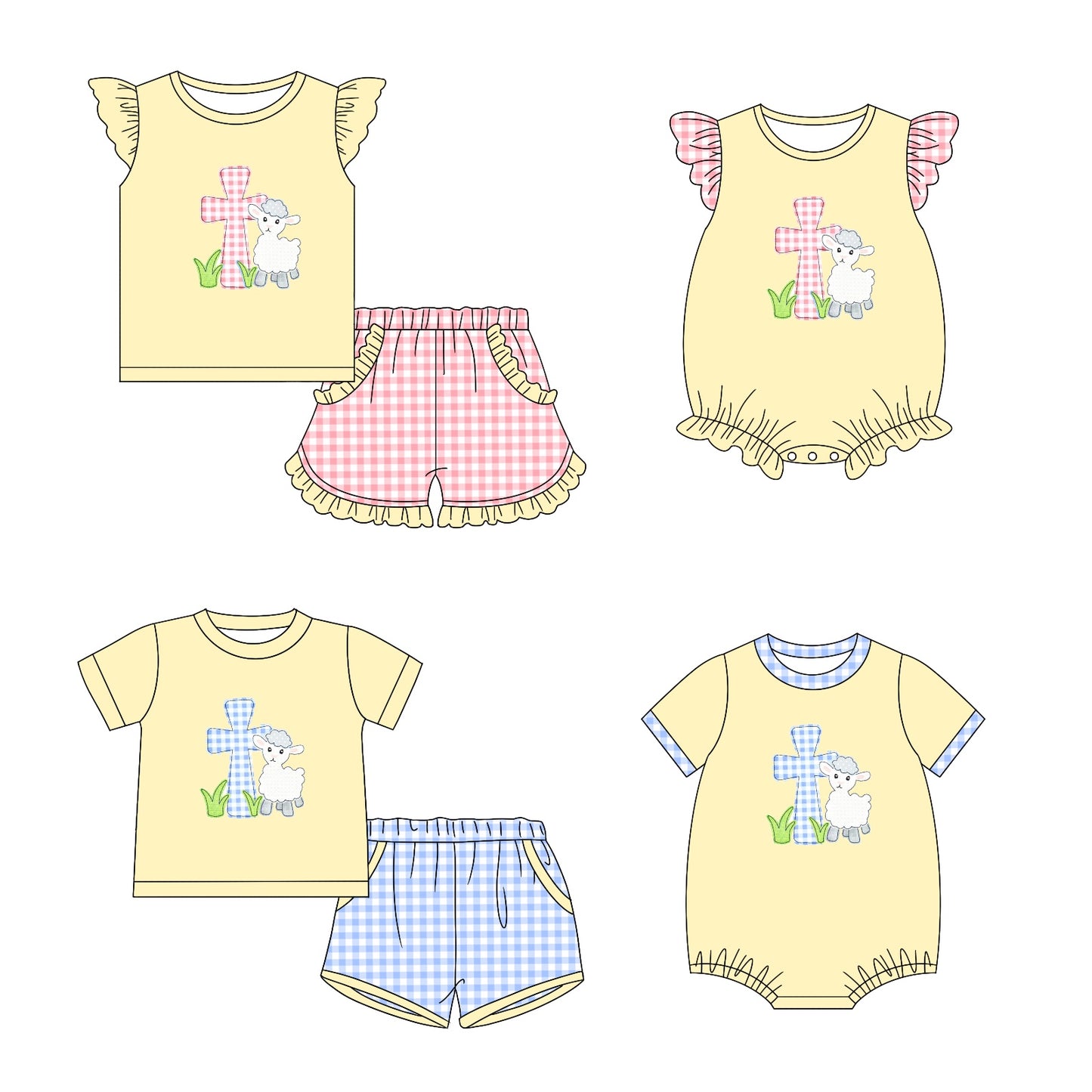 11.6 custom each style moq 5eta 4-6week Sibling Sister easter baby girl short sleeve shorts sets and sets 2 and girls romper and boy romper match design