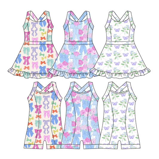 3.24 custom each style moq 5eta 4-6week Sibling Sister bow floral baby girls clothes Short sleeve yoga dress and yoga jumpsuit match family design