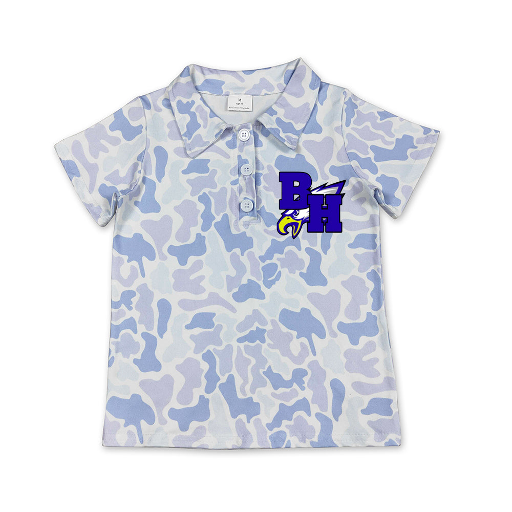 Custom moq 5 mix size milk silk summer teams Baby Boys Fashion Light Blue Camo Short Sleeve Polo Top
