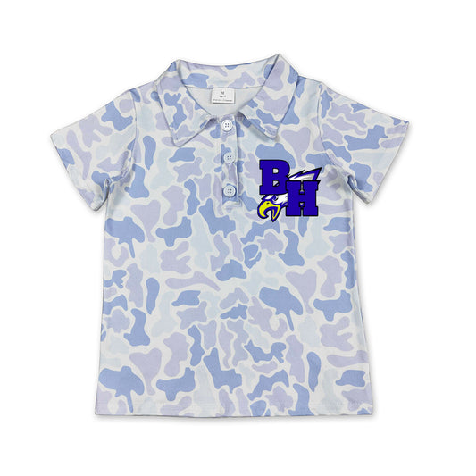 Custom moq 5 mix size milk silk summer teams Baby Boys Fashion Light Blue Camo Short Sleeve Polo Top