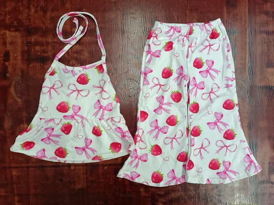 Custom moq 3 eta 6-7weeks baby girl clothes bow strawberry suspender trousers suit