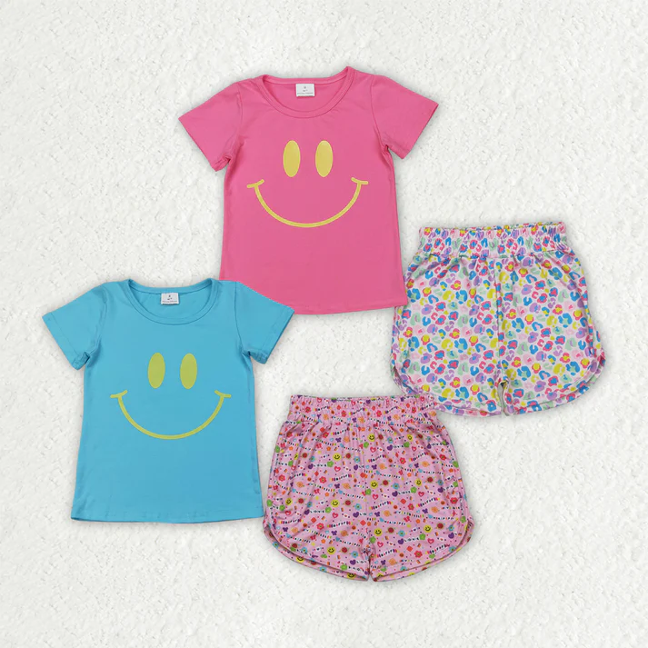 RTS NO MOQ baby girls Clothes smiley short sleeve shorts Sets