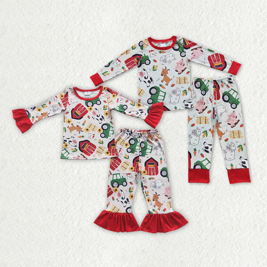 RTS NO MOQ Sibling Baby Girls boys farm animal Long Sleeve Pants Set
