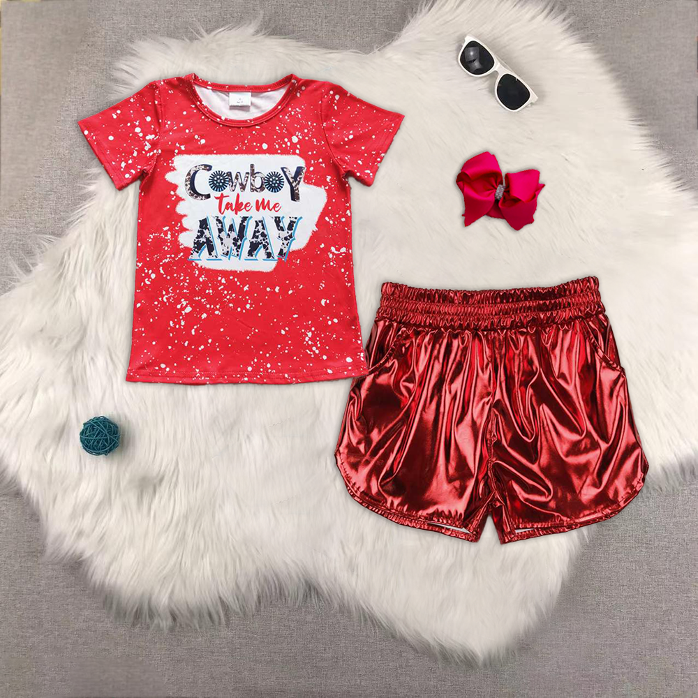 RTS NO MOQ ETA 5/7days Arrived GT0105+SS0415 Girls COWBOY red short-sleeved top Shiny leather red shorts sets