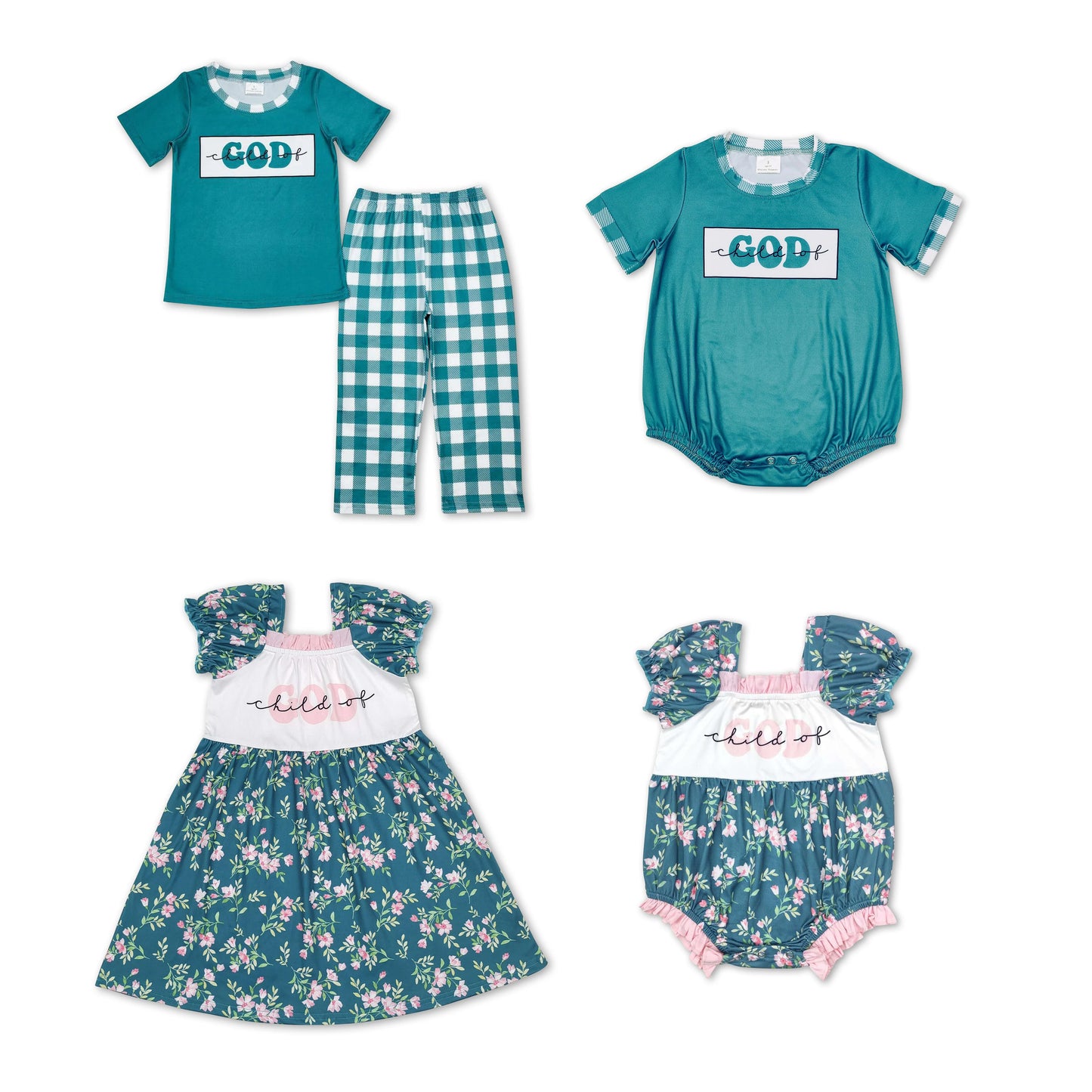 RTS NO MOQ Lake Green Boys and Girls Short Sleeve Pants Set & Climbing Suit & Short Sleeve Dress