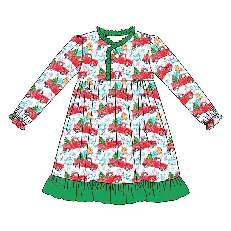Custom moq 3 eta 6-8weeks Christmas Kart Ruffle Long Sleeve Maxi Dress