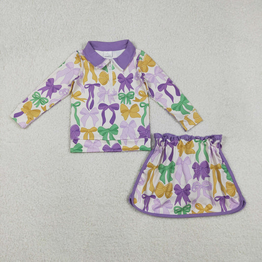 RTS NO MOQ（In Stock) Carnival bow pattern purple zip-up long-sleeved skirt set