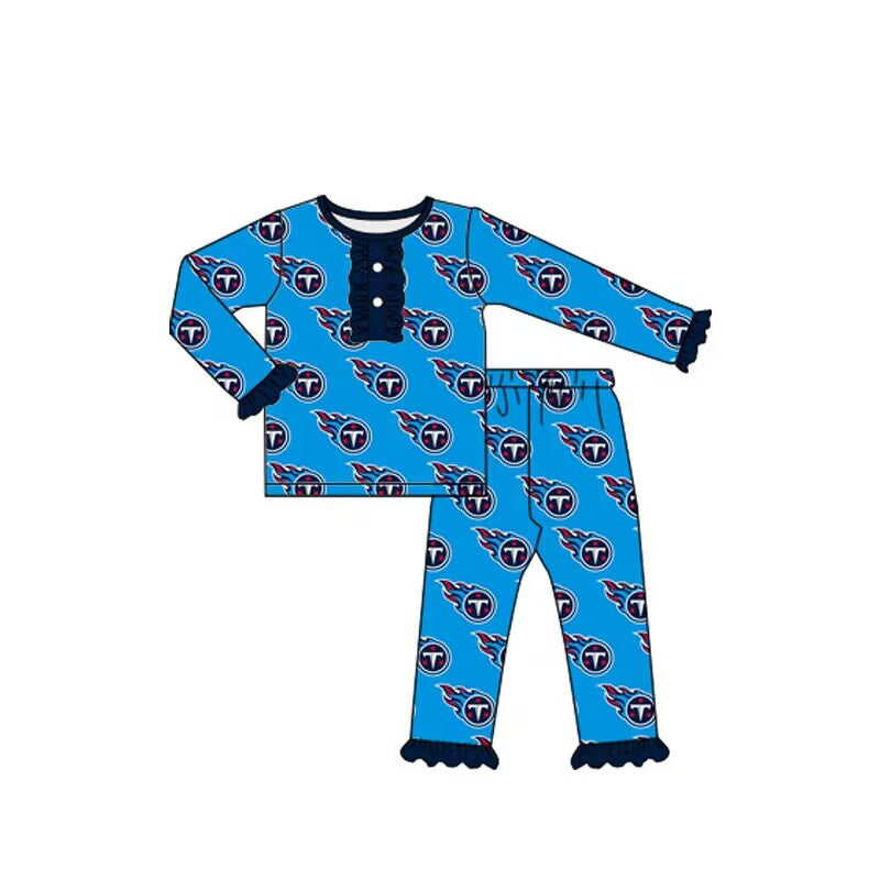 Custom moq 3 tat about 6-8 weeks  team baby girls clothes blue long sleeve and long pants suit