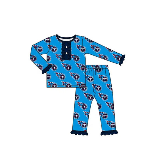 Custom moq 3 tat about 6-8 weeks  team baby girls clothes blue long sleeve and long pants suit