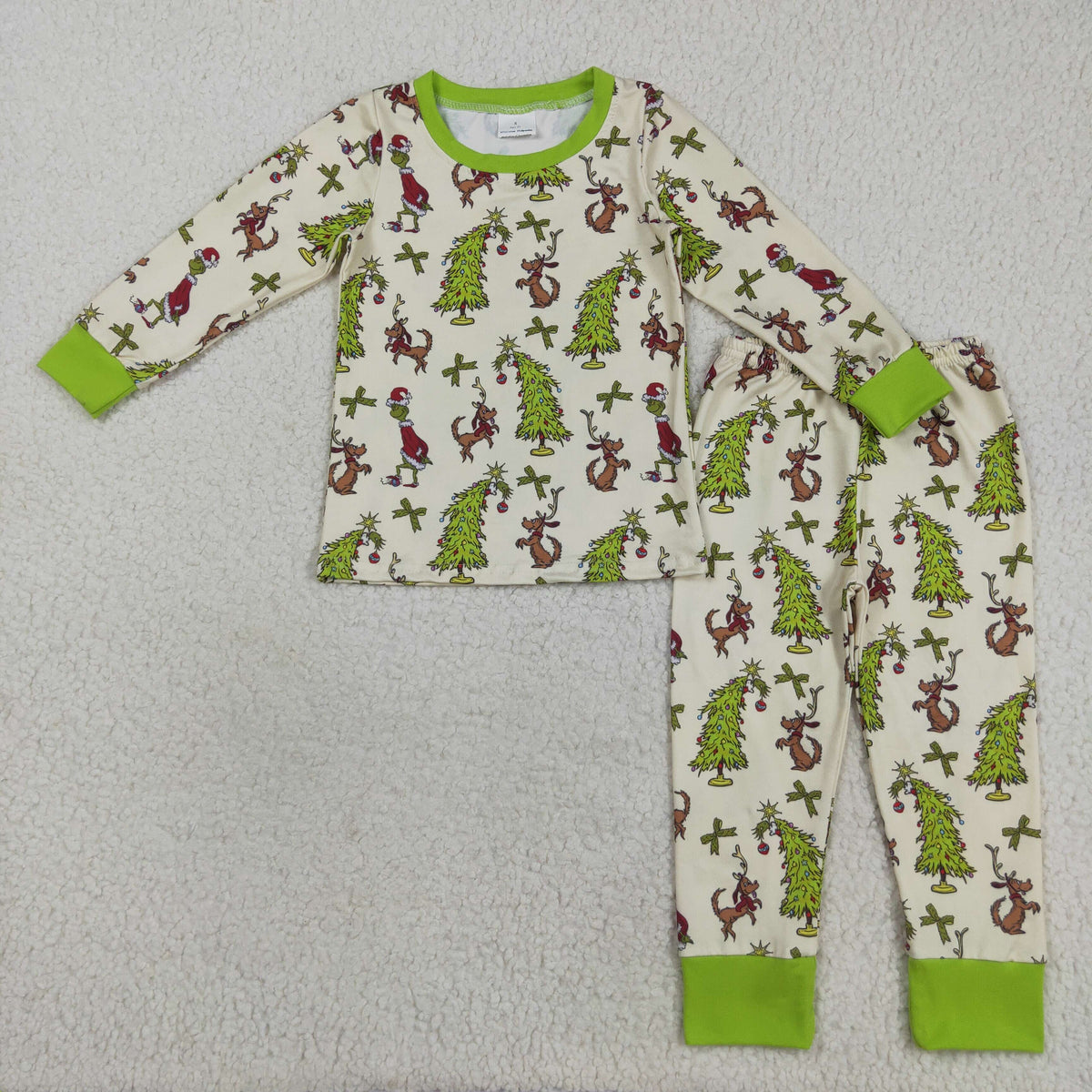 RTS NO MOQ（In Stock) GLP2627 Christmas Tree Green Bow Long-Sleeved Pants Pajama Set