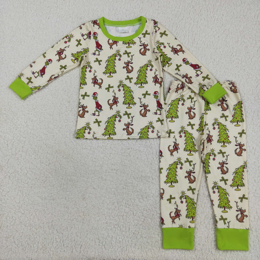 RTS NO MOQ（In Stock) GLP2627 Christmas Tree Green Bow Long-Sleeved Pants Pajama Set
