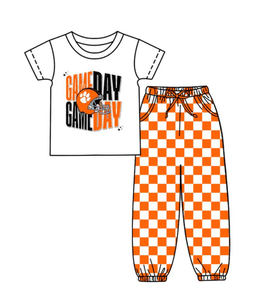 Custom summer teams baby boy clothes team GAME DAY orange plaid short sleeve pants sets-25.8.22