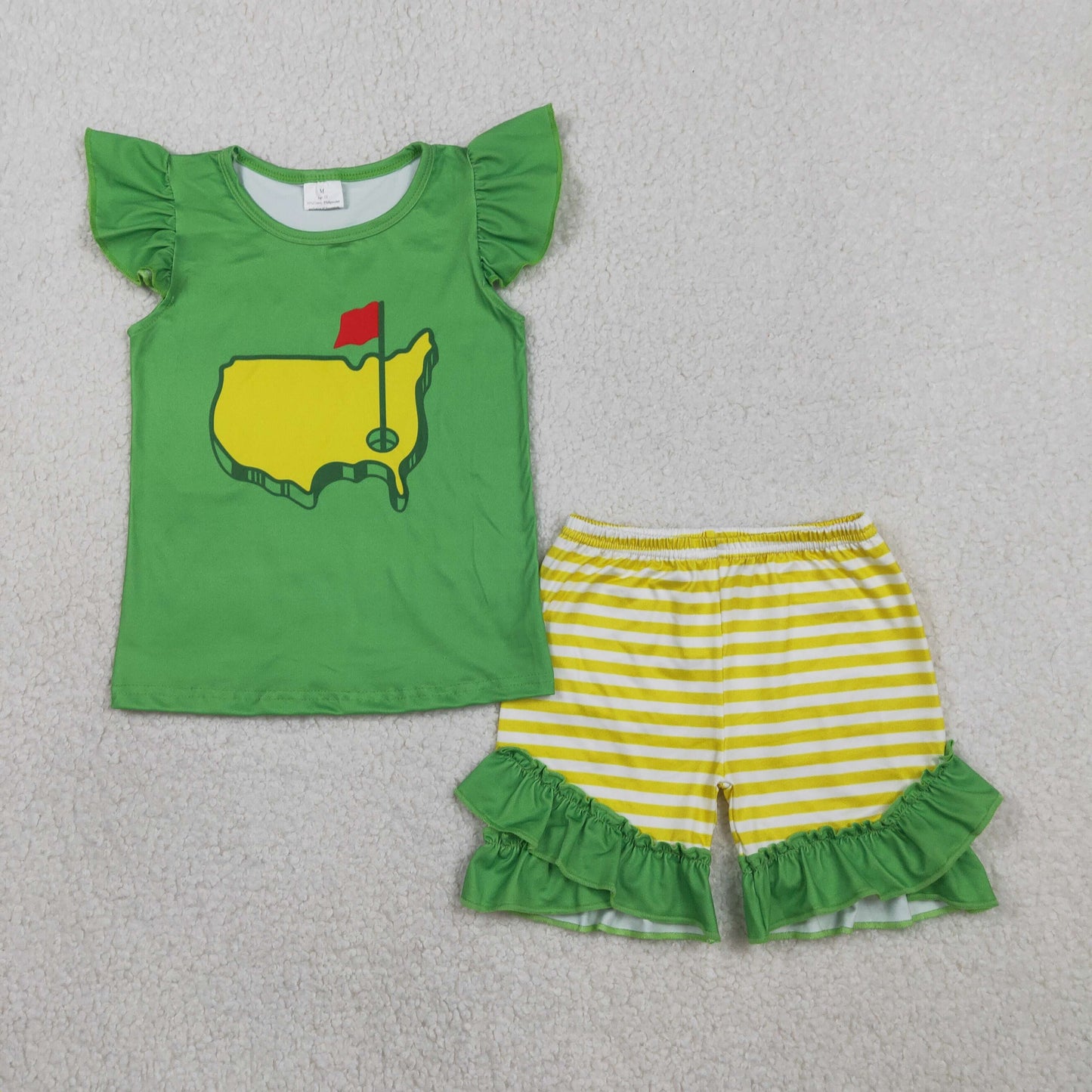 RTS NO MOQ（In Stock) GSSO2867 Golf Course Red Flag Green Flutter Sleeve Yellow Striped Shorts Set