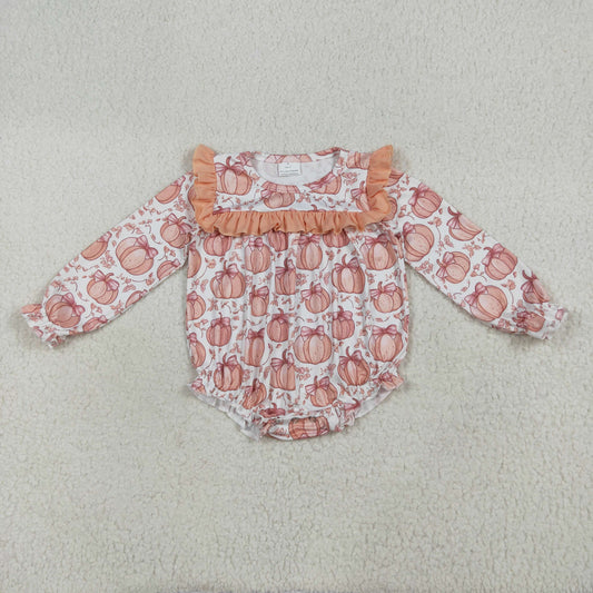 RTS NO MOQ（In Stock ) LR2295 Bow pumpkin orange lace beige long-sleeved jumpsuit