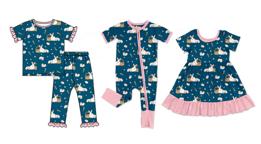 25.10.2 custom each style moq 8 eta 6-8week Sibling Sisters easter basket baby girl short sleeve pants sets and dress and rompers match family design