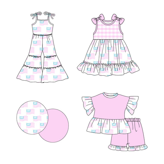 2.22 custom each style moq 5eta 4-6week Sibling Sister flag baby girl sets and dress and jumpsuit match family design
