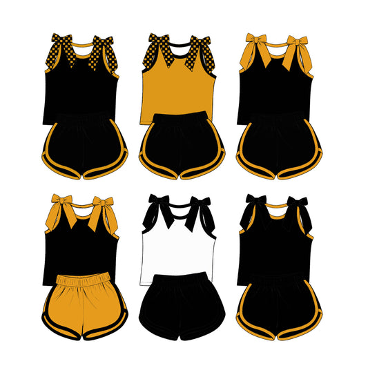 custom moq 5 mix size Baby Girls Bow Sleeveless Black Top Shorts Summer Casual Clothes Set