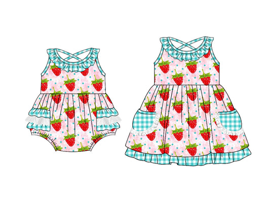 11.1 custom each style moq 5eta 4-6week Sibling Sister strawberry baby girl short sleeve dress and rompers match family design