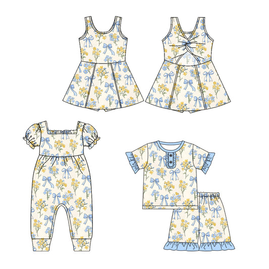 2.14 custom each style moq 5eta 4-6week Sibling Sisters bow floral baby girl short sleeve shorts sets and dress and rompers match family design