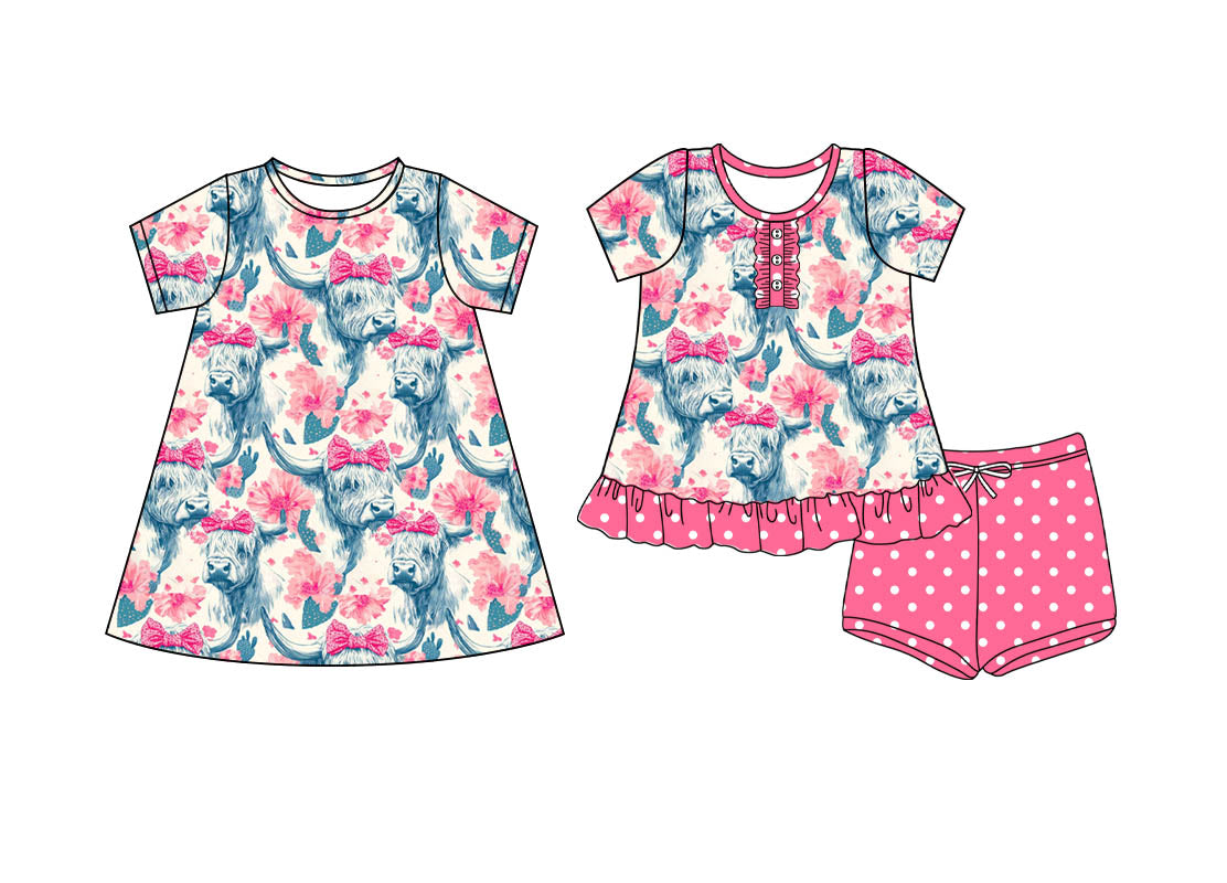 4.21 custom each style moq 5eta 4-6week Sibling Sister cow head bow floral baby girl short sleeve shorts sets and dresses match design
