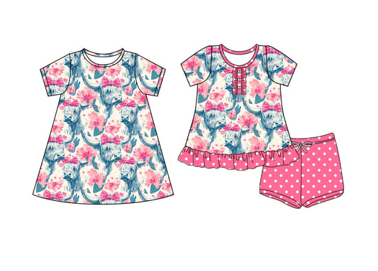 4.21 custom each style moq 5eta 4-6week Sibling Sister cow head bow floral baby girl short sleeve shorts sets and dresses match design