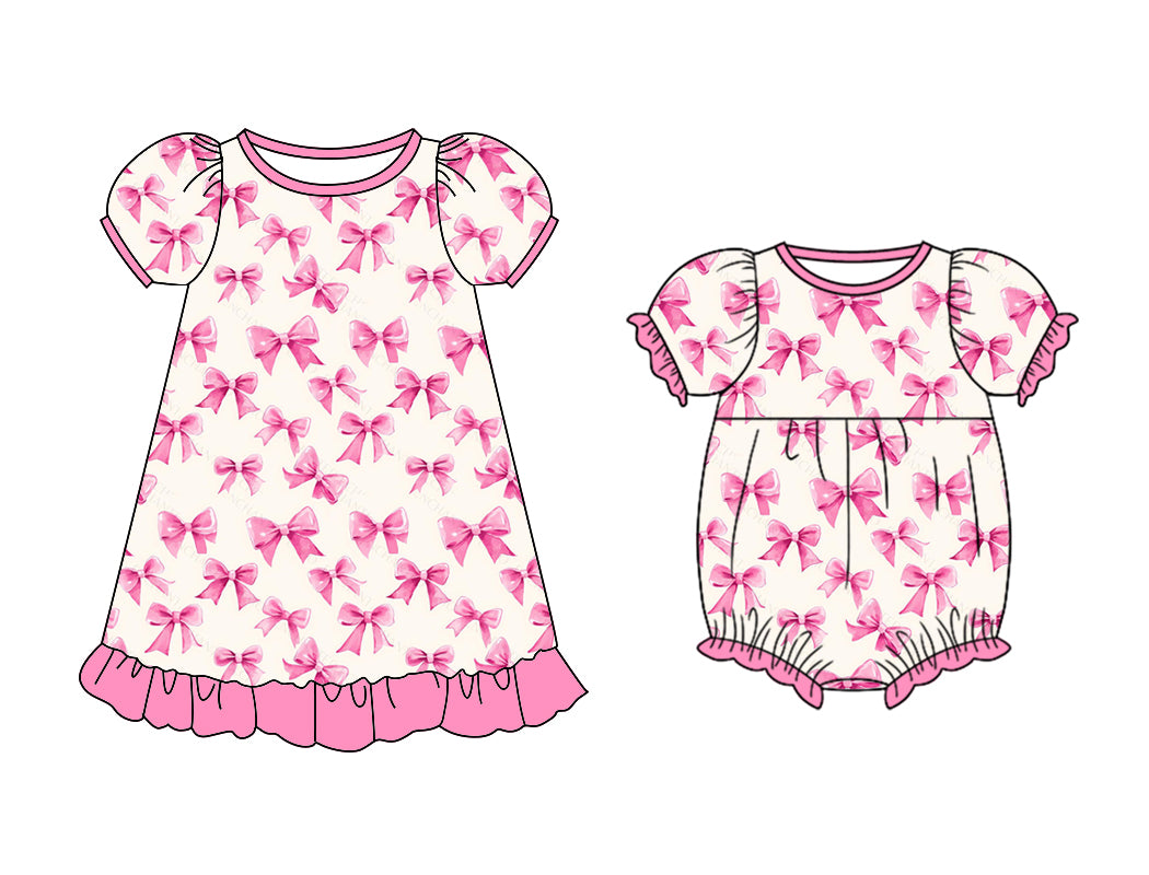 11.11 custom each style moq 5eta 4-6week Sibling Sister bow pink baby girl short sleeve dress and rompers match family design