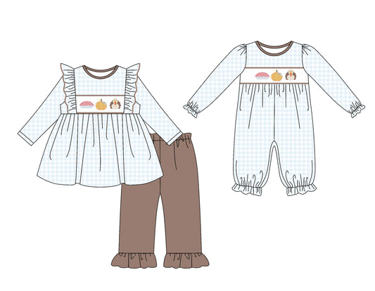 25.7.18 custom each style moq 5eta 4-6week Sibling Sister pumpkin turkey cake baby girl long sleeve pants sets and rompers match family design