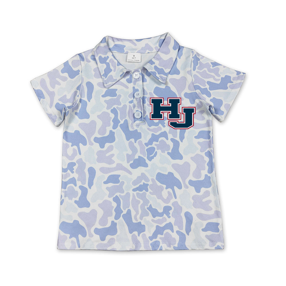 Custom moq 5 mix size milk silk summer teams Baby Boys Light Blue Camo Short Sleeve Polo Top