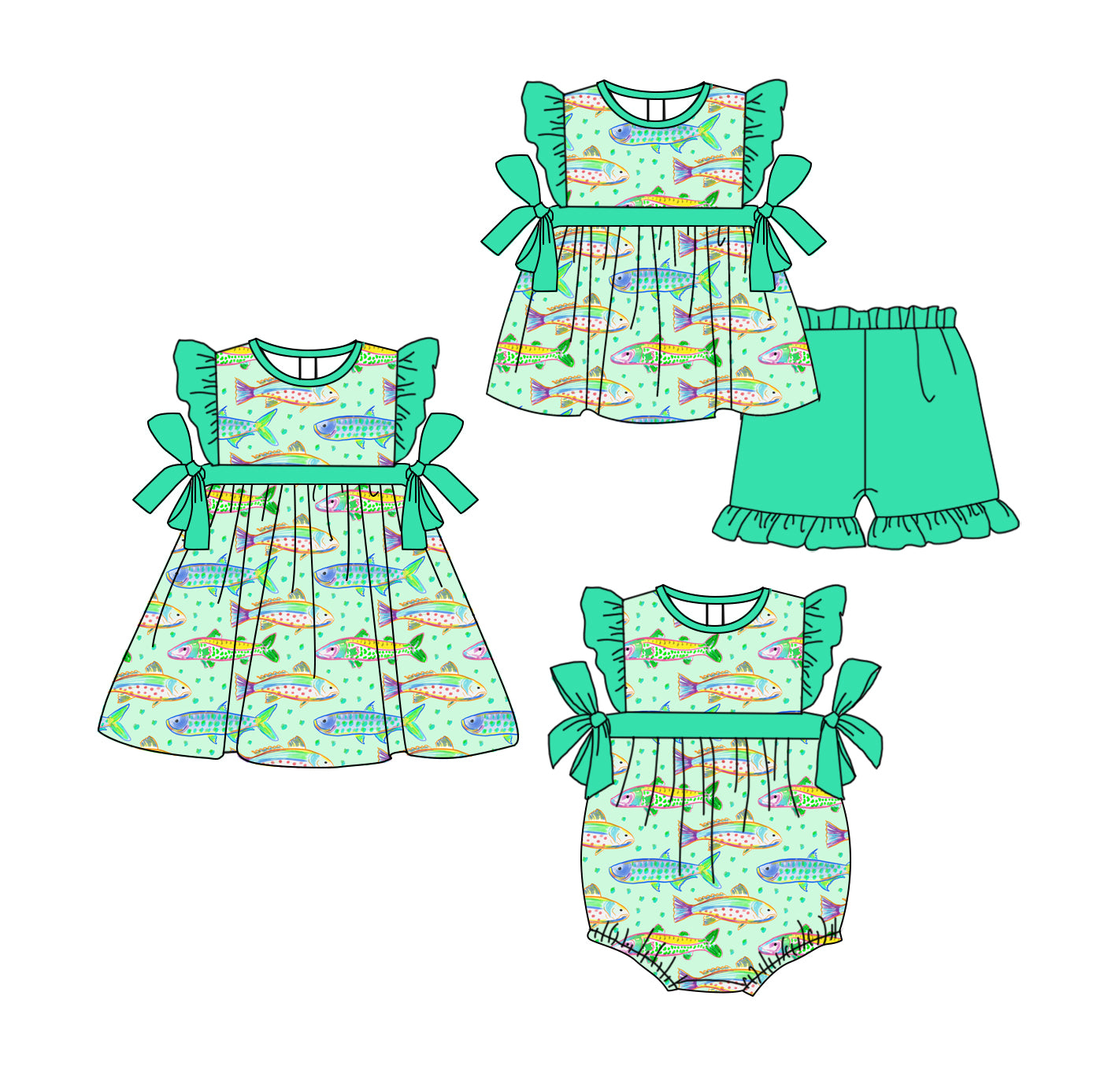 11.13 custom each style moq 5eta 4-6week Sibling Sister fishing baby girl short sleeve shorts sets and dress and rompers match family design