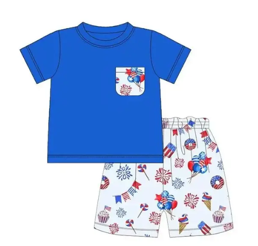 5.17custom each style moq 5eta 4-5week Sibling Sister independence Day print blue girls and boys outfits and baby romper match family design