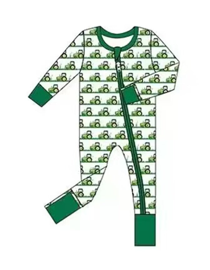 5.16custom each style moq 5eta 4-5week Sibling Sister Agricultural vehicles print green boys and girls outfits and baby romper match family design
