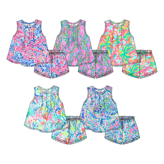 12.9 custom each style moq 5eta 4-6week Sibling Sister floral pattern baby girl short sleeve shorts fish sets 1 and easter sets 2 and set 3 match design