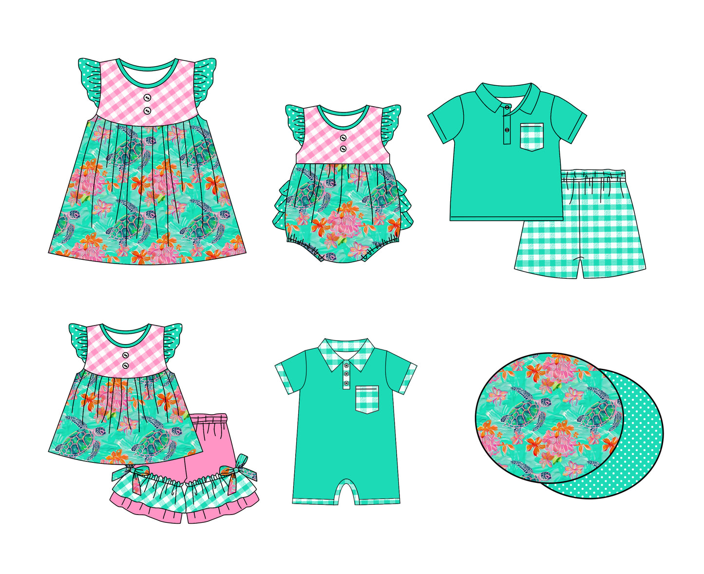 11.3 custom each style moq 5eta 4-6week Sibling Sister turtle baby girl short sleeve shorts sets and briefs sets 2 and girls romper and boy romper and dress match design