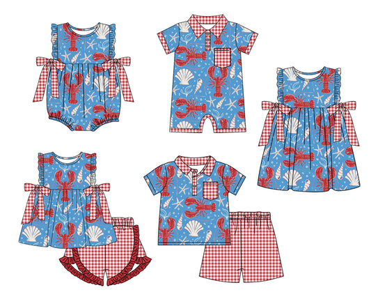 2.15 custom each style moq 5eta 4-6week Sibling Sister crayfish baby girl short sleeve shorts sets and sets 2 and boy romper and girl romper and dress match design