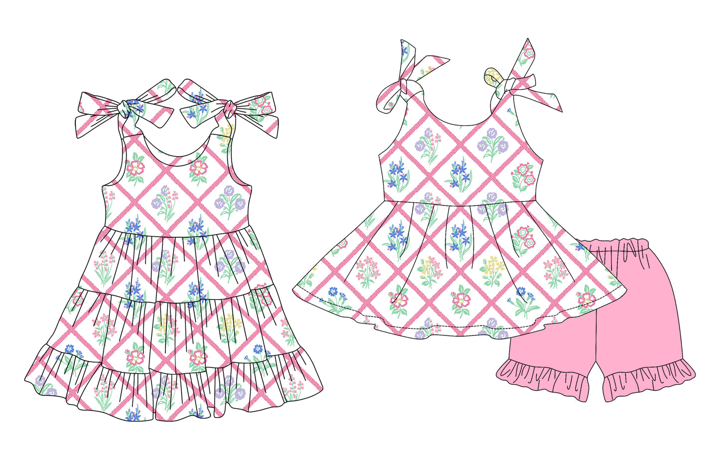 3.14 custom each style moq 5eta 4-6week Sibling Sister floral baby girl short sleeve shorts sets and dresses match design