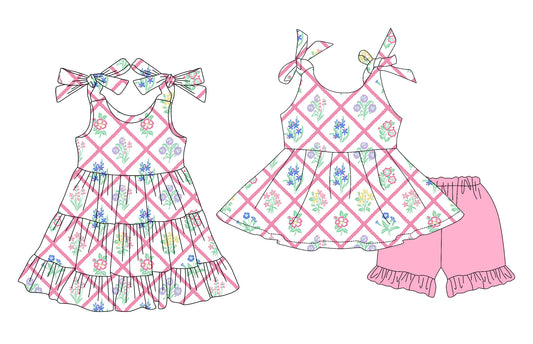 3.14 custom each style moq 5eta 4-6week Sibling Sister floral baby girl short sleeve shorts sets and dresses match design