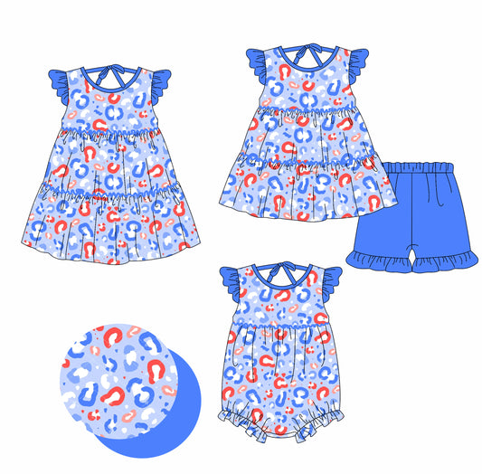 2.18 custom each style moq 5eta 4-6week Sibling Sisters leopard baby girl short sleeve shorts sets and dress and rompers match family design