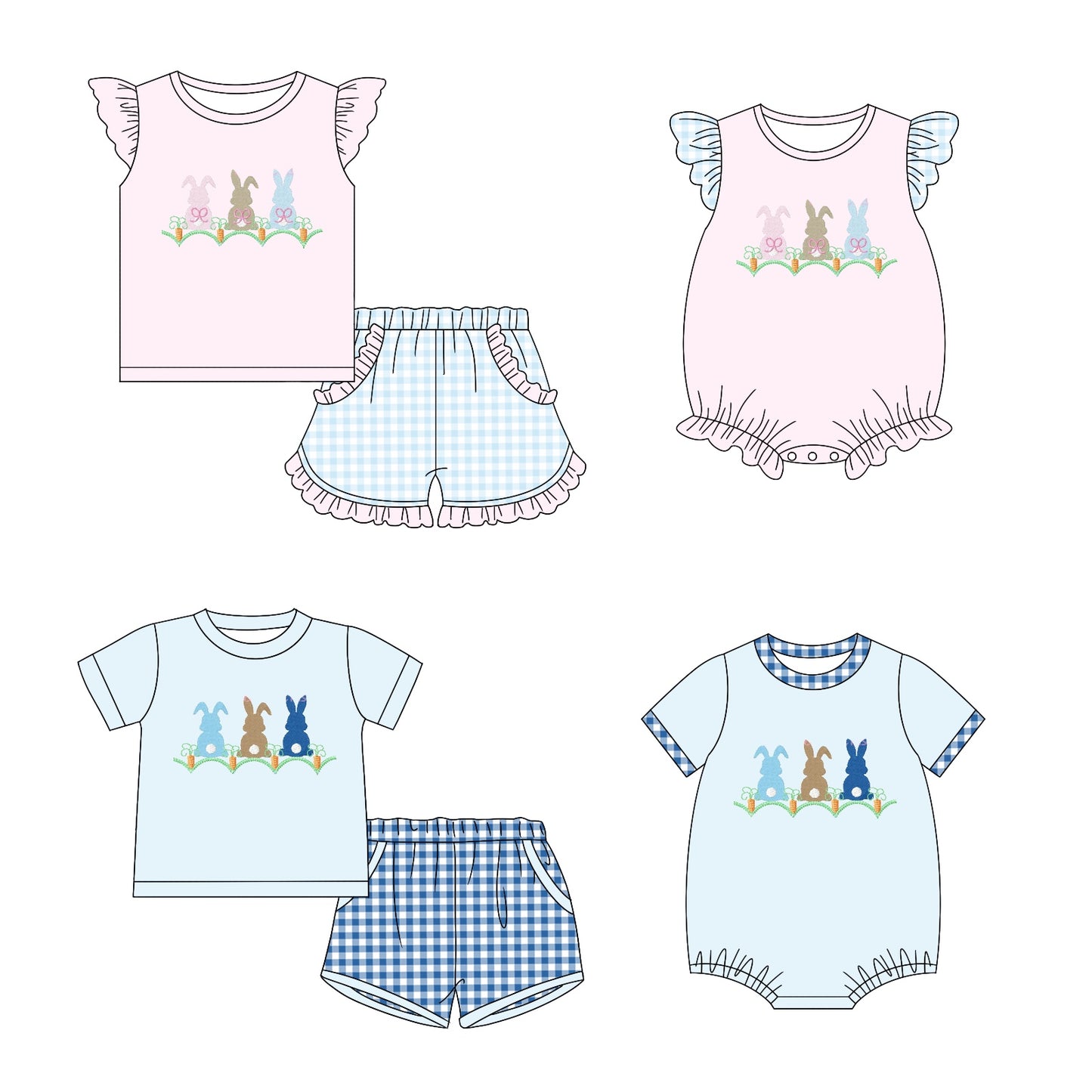 11.6 custom each style moq 5eta 4-6week Sibling Sister easter baby girl short sleeve shorts sets and sets 2 and girls romper and boy romper match design