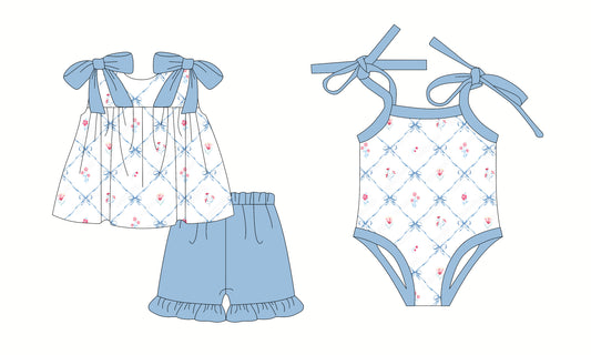 2.24 custom each style moq 5eta 4-6week Sibling Sister floral bow baby girl short sleeve shorts sets and romper match design