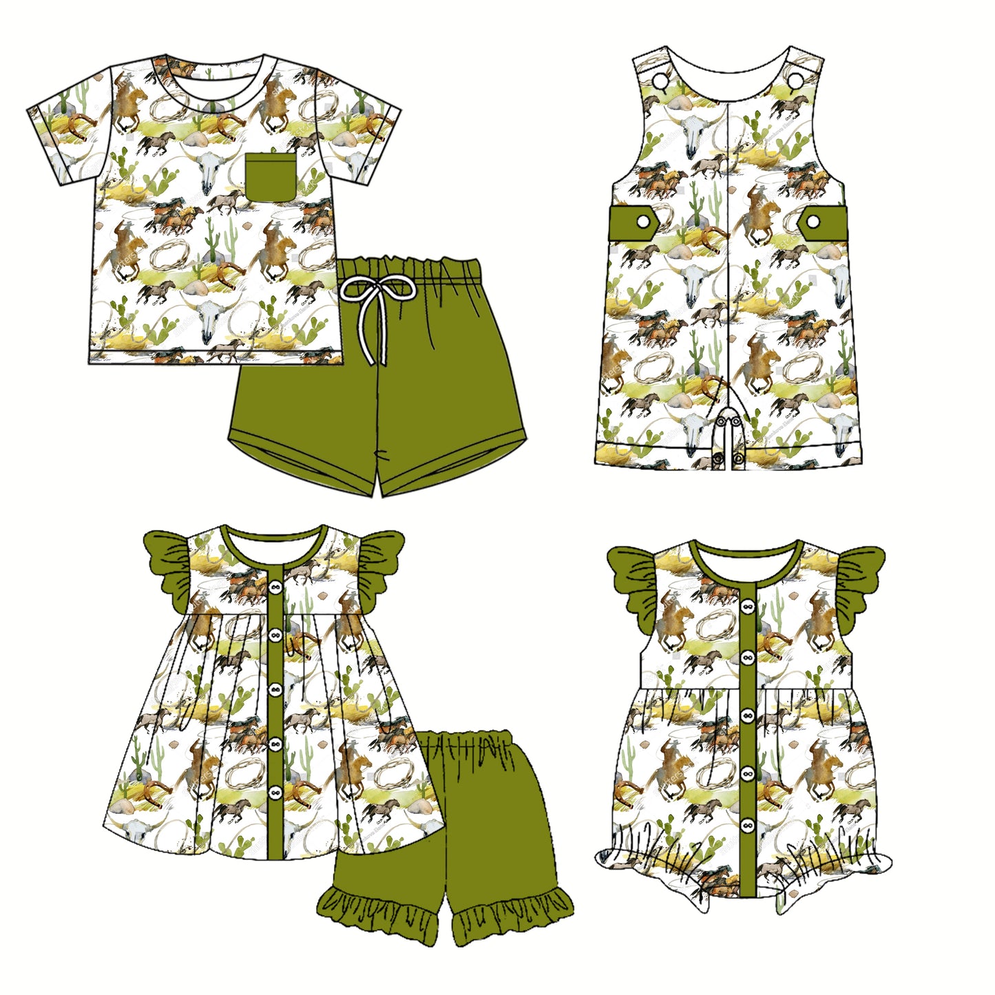 2.26 custom each style moq 5eta 4-6week Sibling Sister cow head riding horse baby girl short sleeve shorts sets and sets 2 and boy romper and girl romper match design