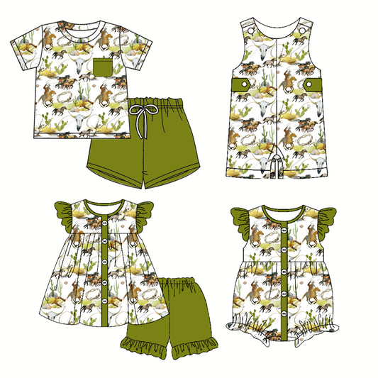 2.26 custom each style moq 5eta 4-6week Sibling Sister cow head riding horse baby girl short sleeve shorts sets and sets 2 and boy romper and girl romper match design