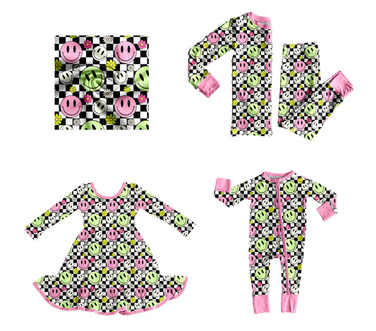 25.9.9 custom each style moq 5eta 4-6week Sibling Sisters smiley floral baby girl long sleeve pants sets and dress and rompers match family design