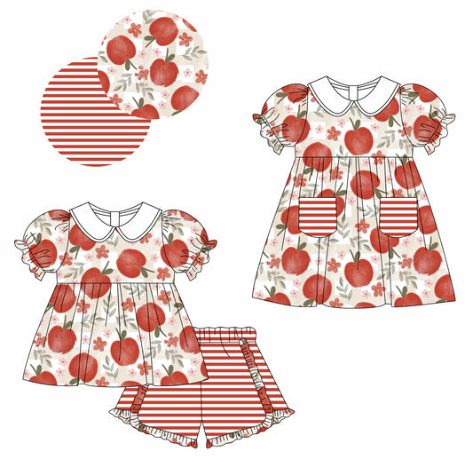 11.22 custom each style moq 5eta 4-6week Sibling Sister apple baby girl short sleeve shorts sets and dresses match design