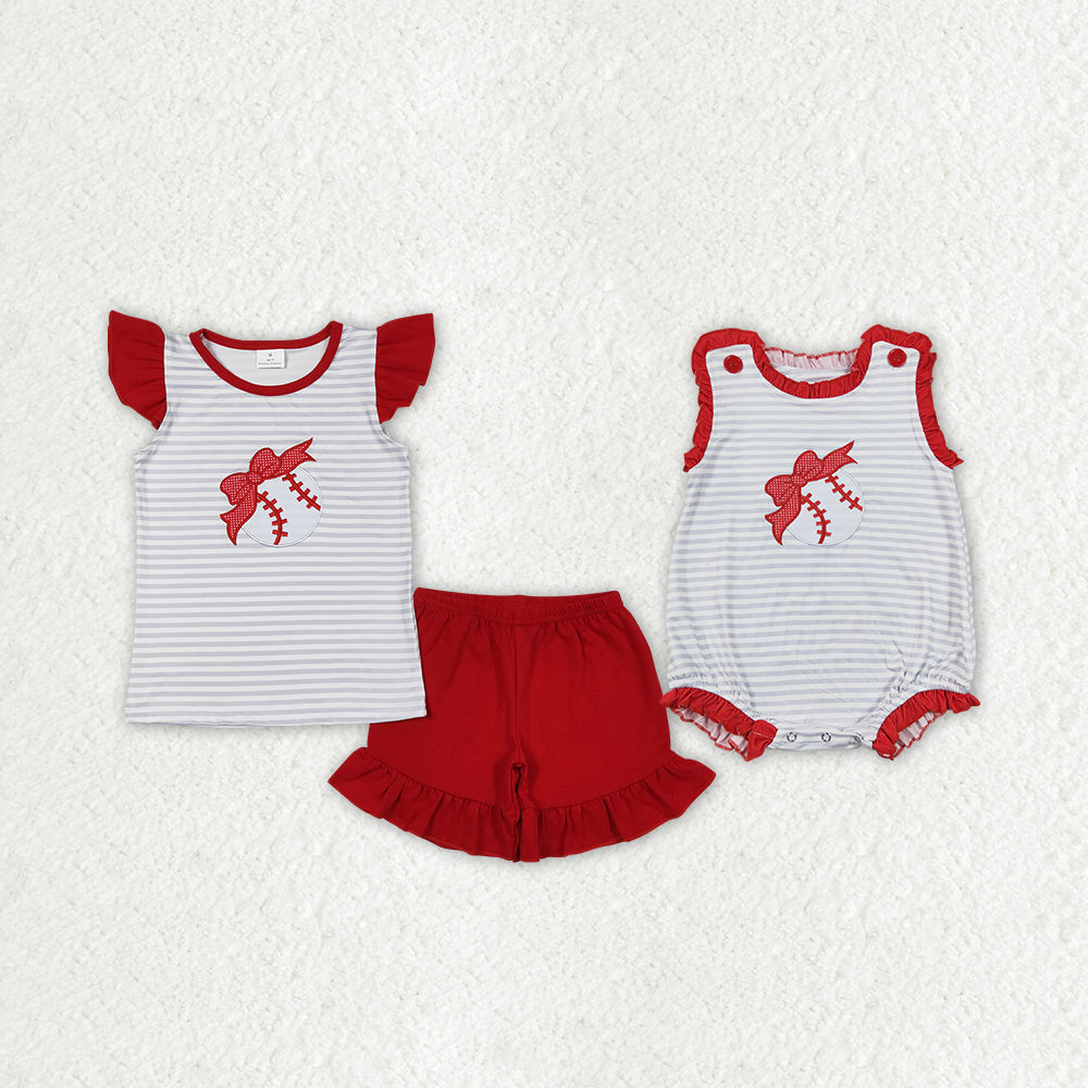 RTS NO MOQ baby girls clothes embroidery baseball Rompers Clothes Sets