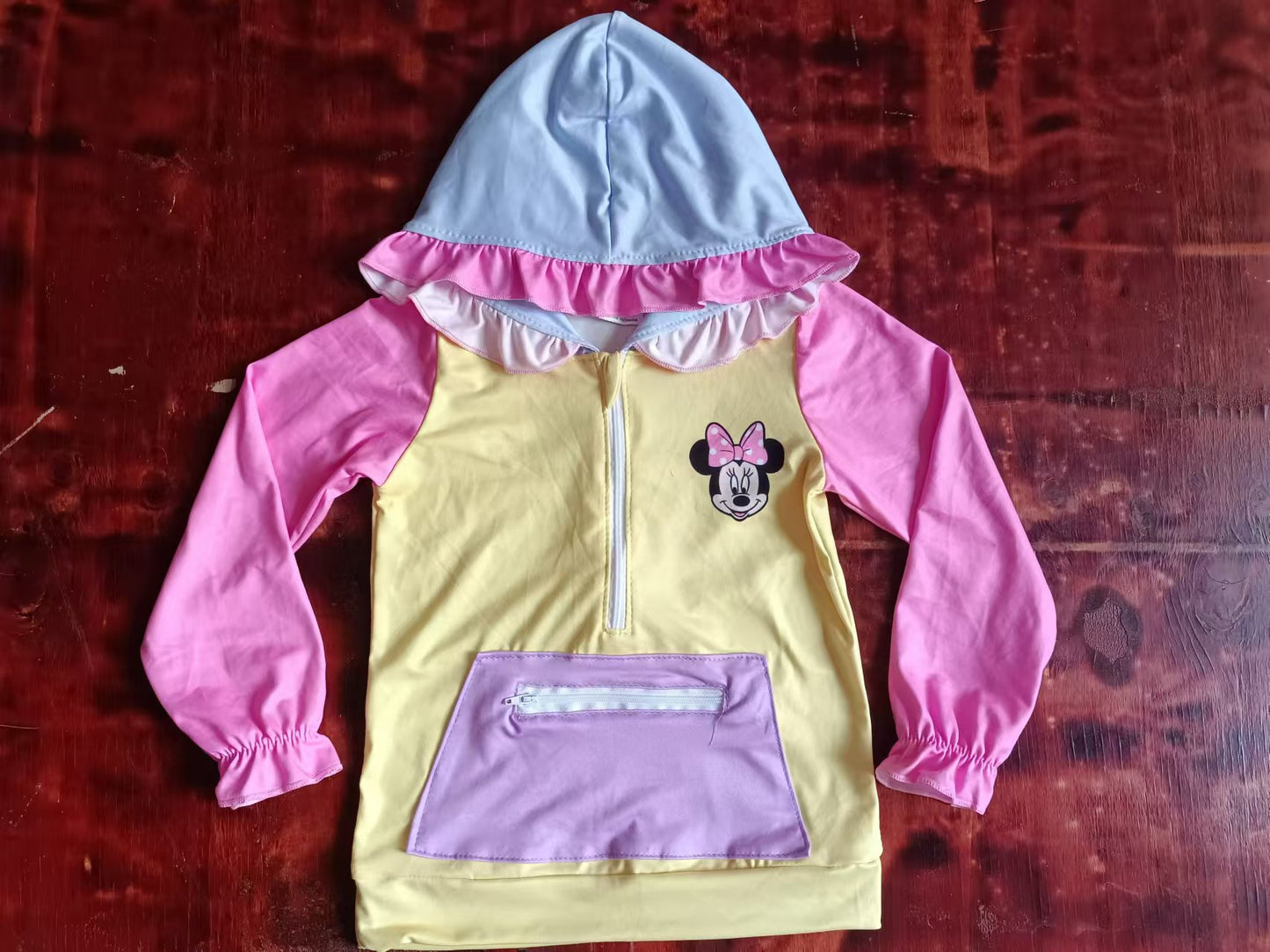 Custom moq 3 eta 6-7weeks Yellow, pink and blue patchwork hooded zip-up pullover