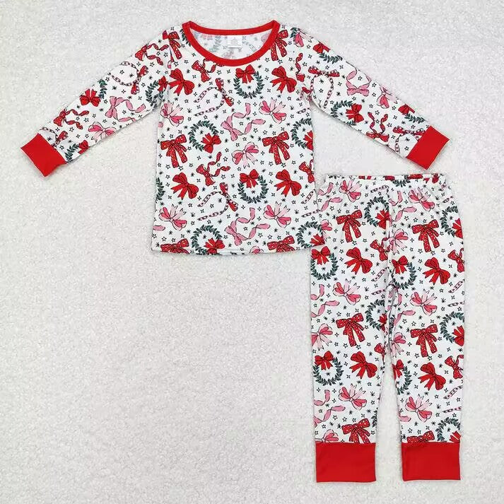 RTS NO MOQ Red wreath-bow-five-pointed star pattern long-sleeved suit & long-sleeved dress